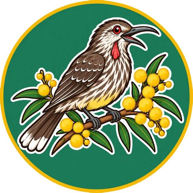 A red wattlebird perched on a branch of golden wattle